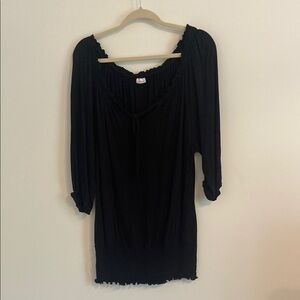 Black Ruched Ruffled 3/4 Sleeve Blouse